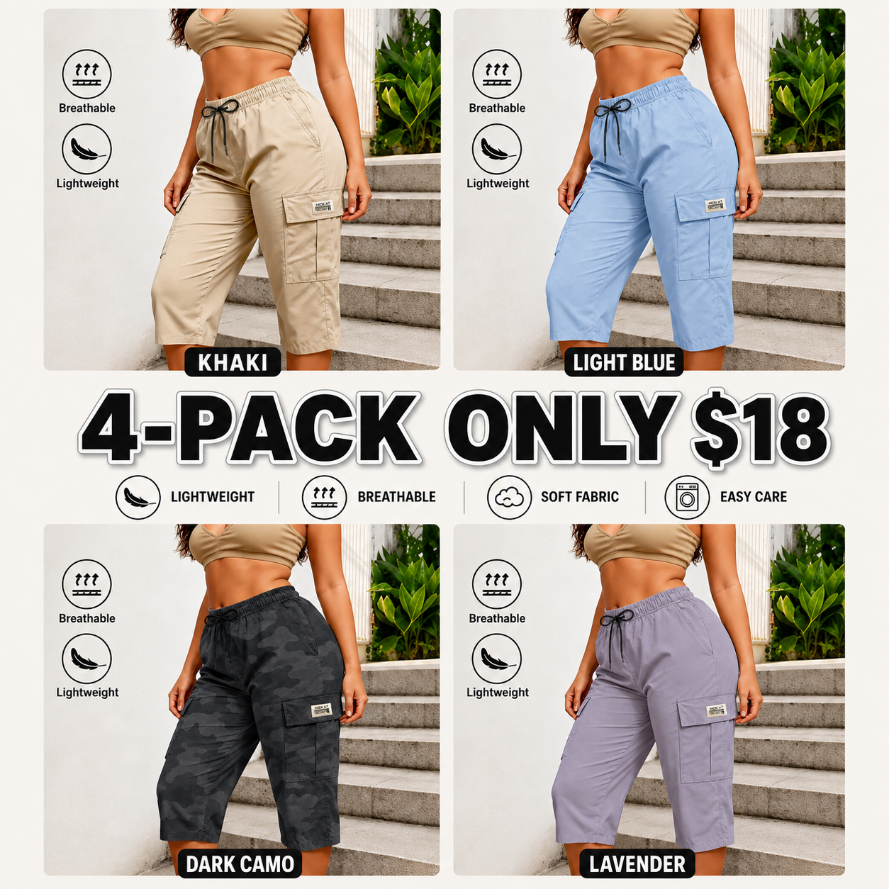 Women Solid Cargo Capri Pant Elastic Drawstring Waist Multi Flap Pockets