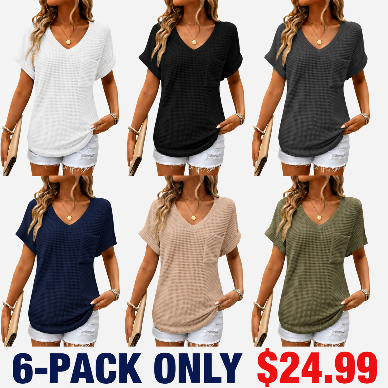 Women's Waffle Knit V-Neck Casual Summer Tops - Lightweight & Breathable Basic Tee for Beach, Party, Work