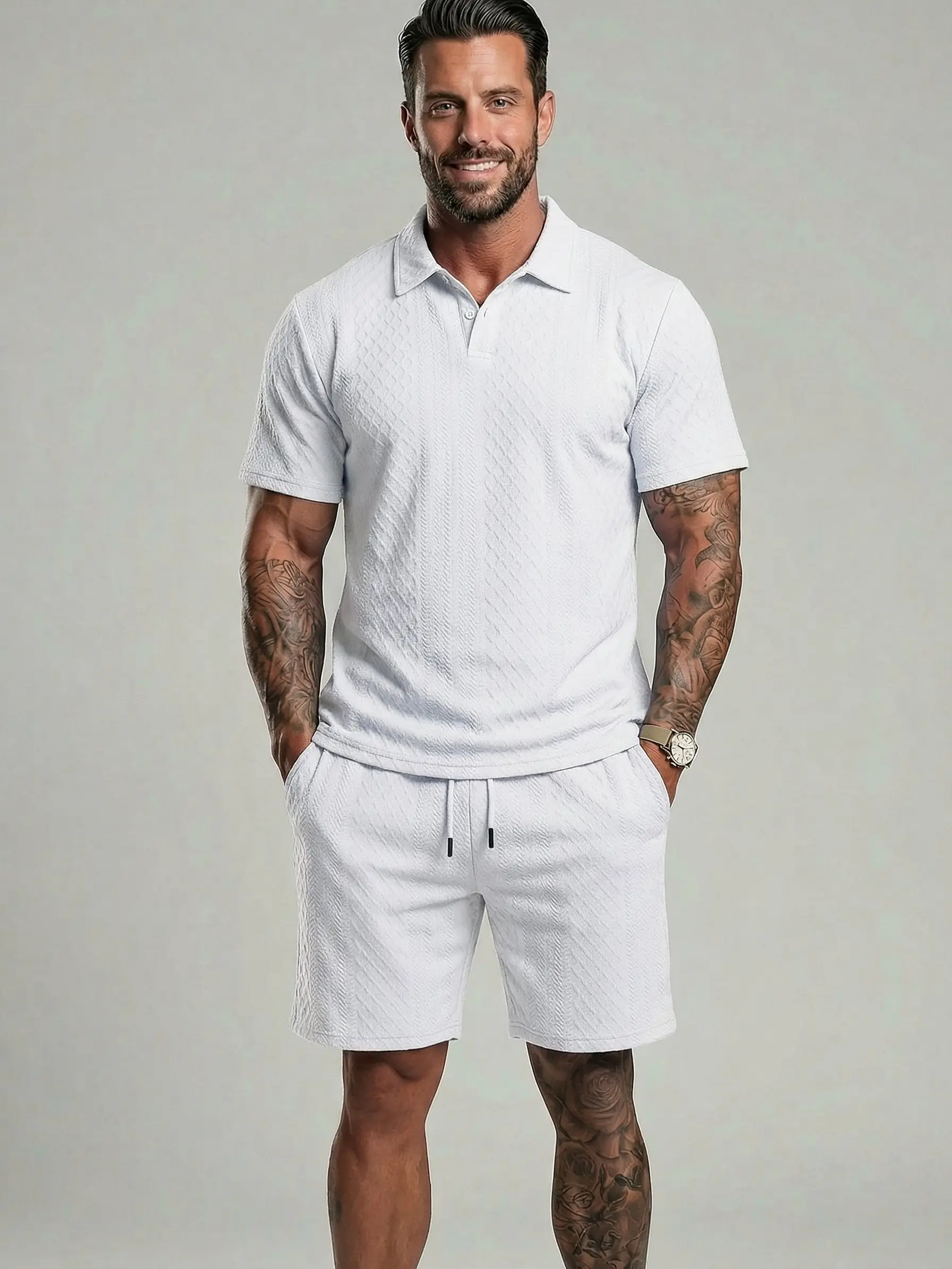 Men's Solid Polo Shirt & Drawstring Waist Shorts Set Cozy Breathable Two-piece Outfits for Daily Outdoor Wear Menswear Suits