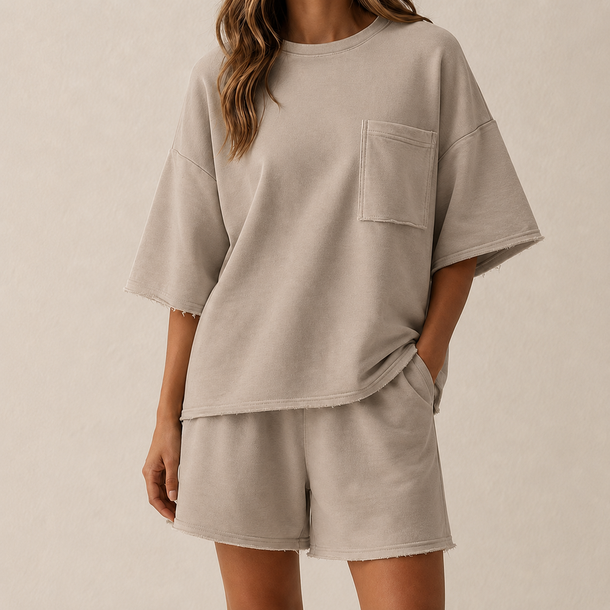 Warm Taupe oversized short sleeve lounge set model image