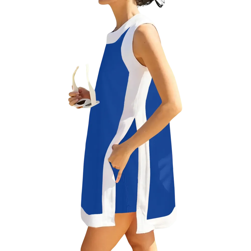 Women's color-blocked crew neck sleeveless pullover with shorts with pockets