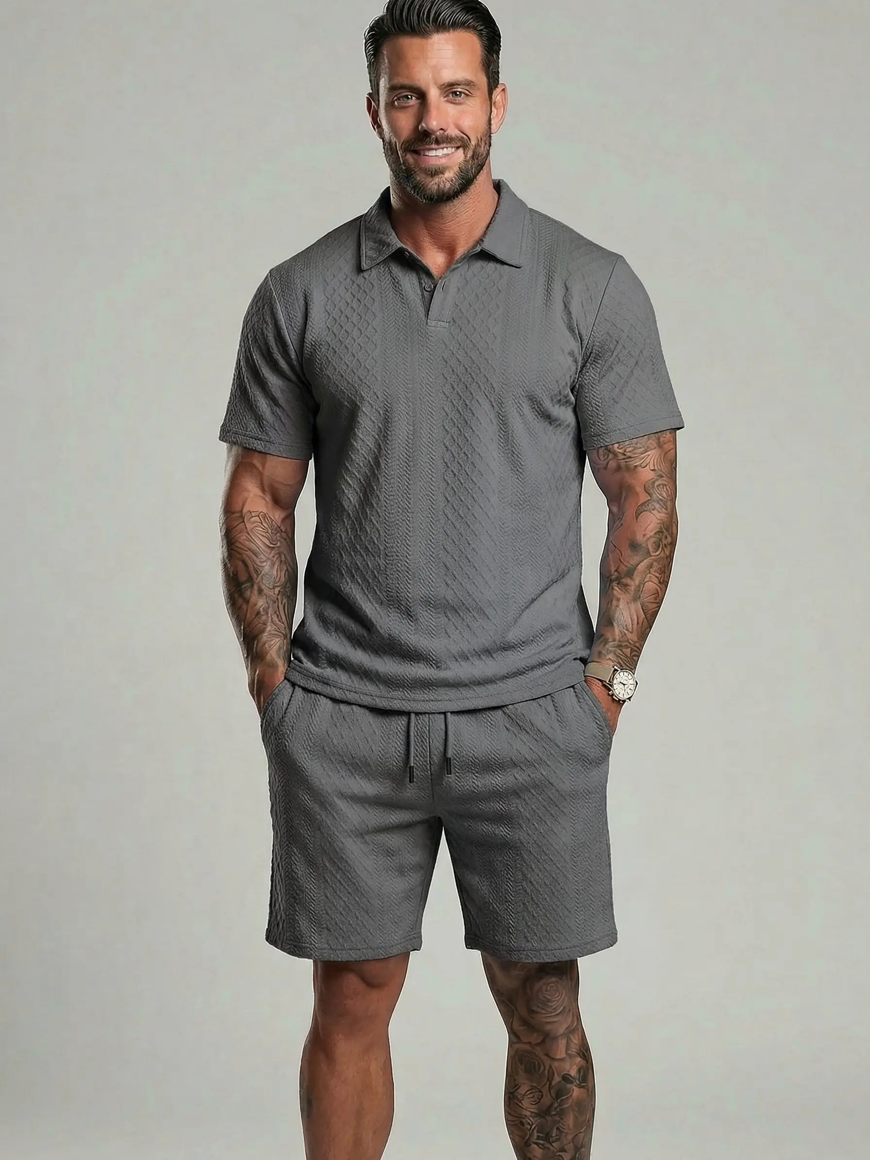 Men's Solid Polo Shirt & Drawstring Waist Shorts Set Cozy Breathable Two-piece Outfits for Daily Outdoor Wear Menswear Suits