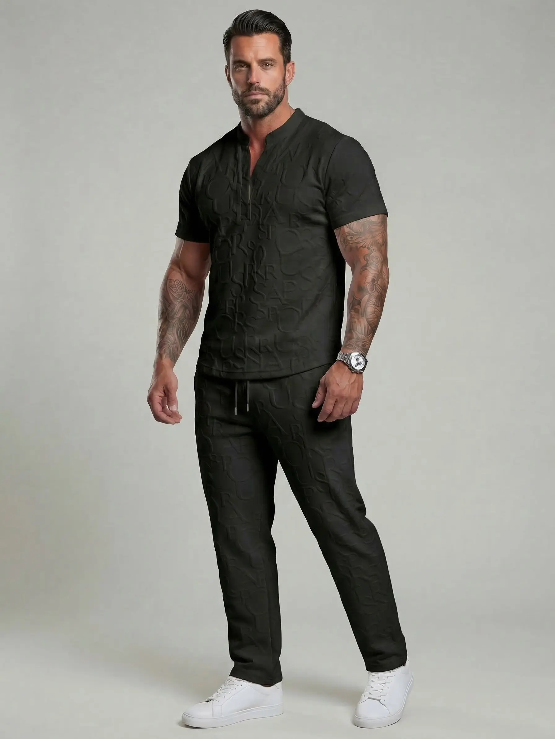 Men’s Textured Letter Embossed 2-Piece Casual Set – Short Sleeve Notch Neck Shirt & Drawstring Pants 5-Pack