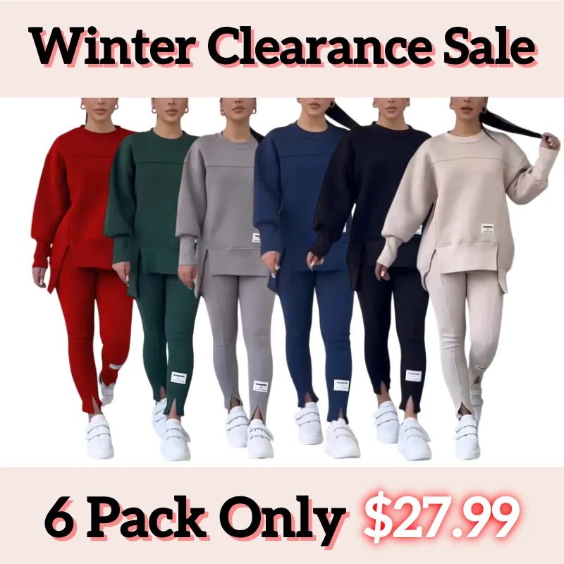 ⏰Winter Clearance Sale - 80% Off 🔥Women's Casual Solid Color Round Neck Long Sleeve Slit Hem Sweatshirt Leggings Set