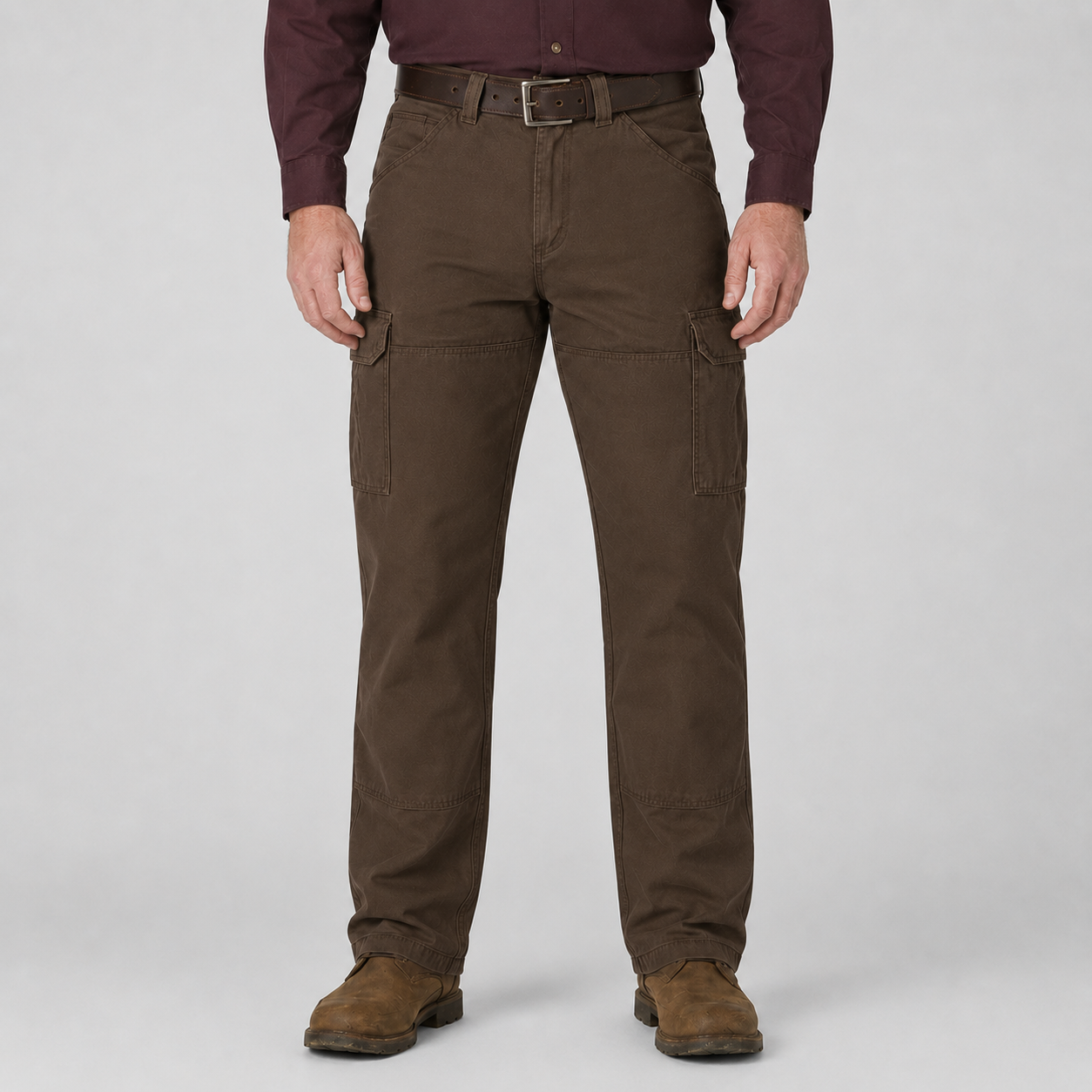 Dark brown relaxed-fit cargo utility pants front view