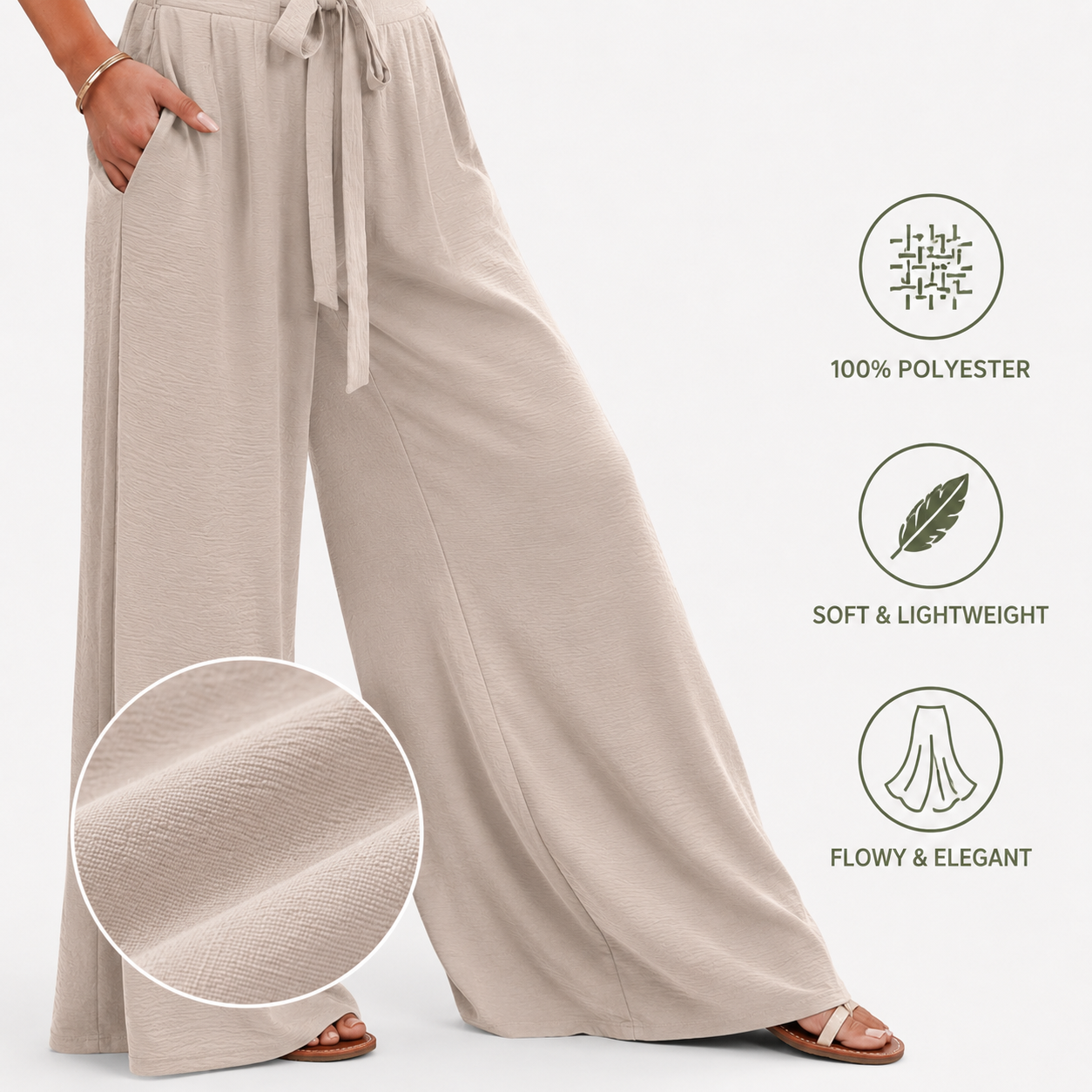 Lightweight textured fabric and wide-leg drape detail