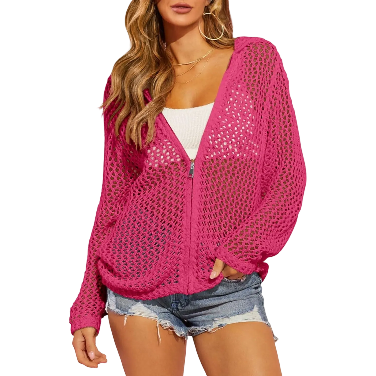 🔥Last Day of Sale🔥Women's Crochet Lightweight Cardigan Zip Up Hooded Knit Sweater