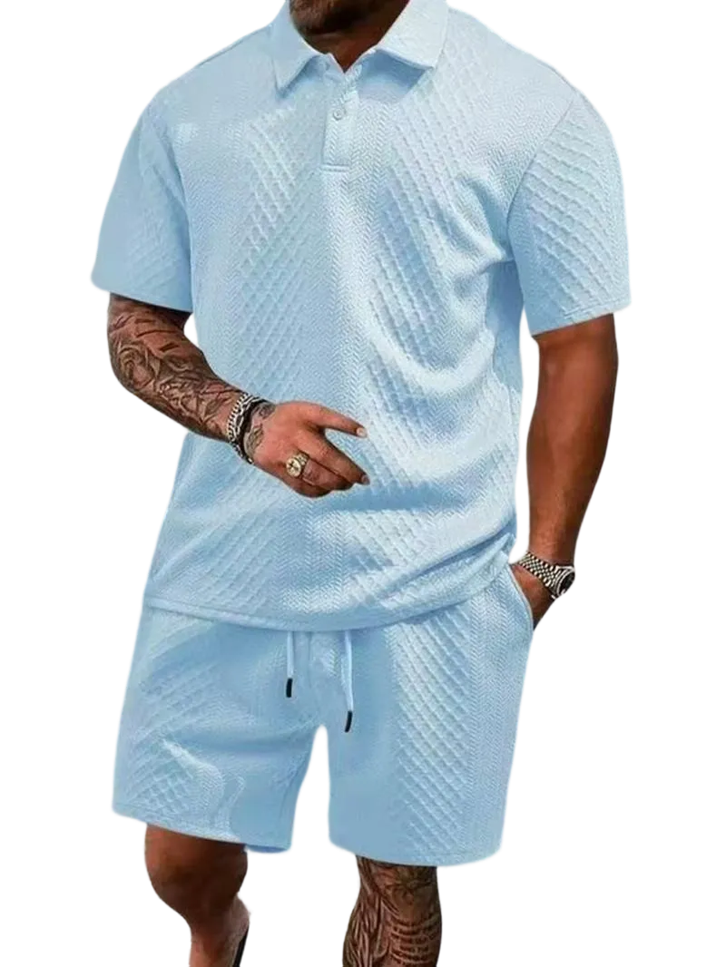 Men's Summer Casual Textured Polo Shirt and Shorts Two-Piece Set