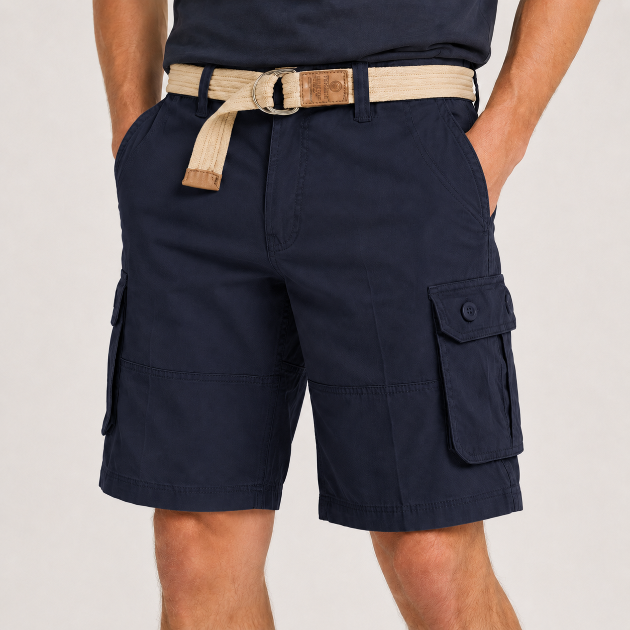 Deep Navy men's belted cargo shorts