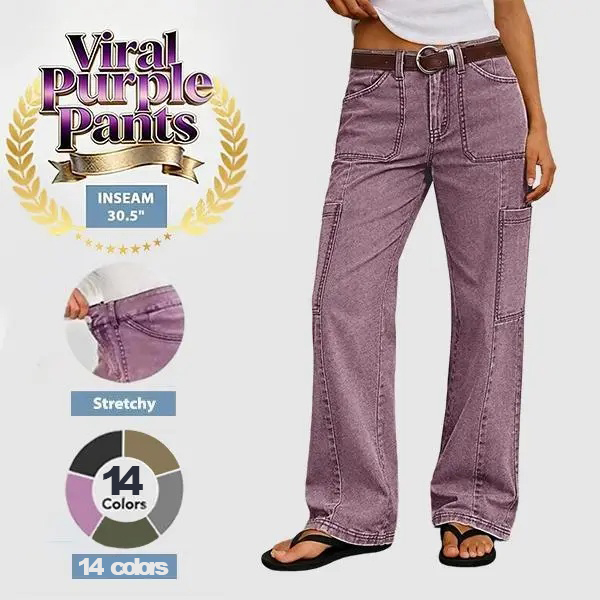 Stitch Detail Mid Waist Straight Leg Cargo Pants Without Belt