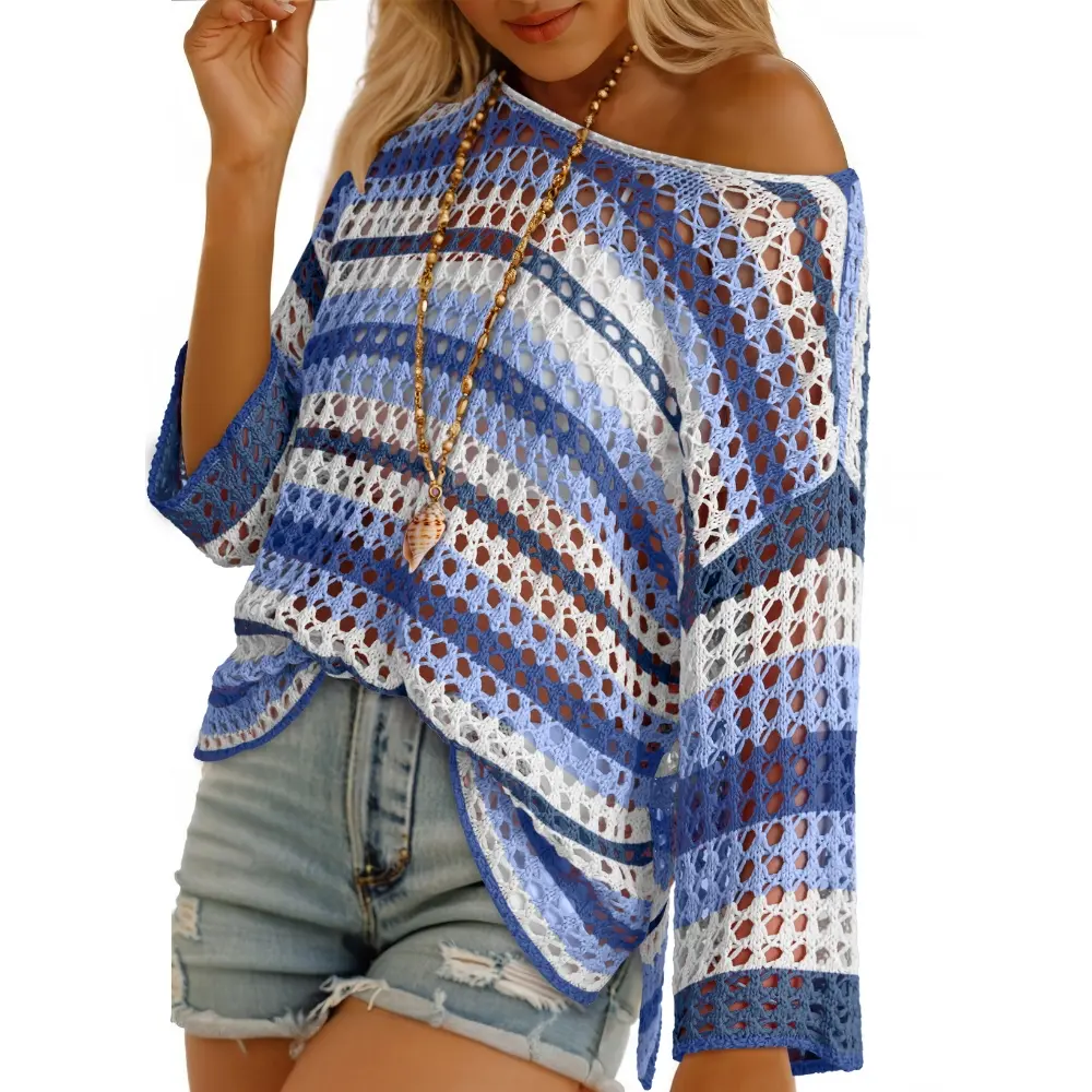 Blue white striped hollow-out crochet top