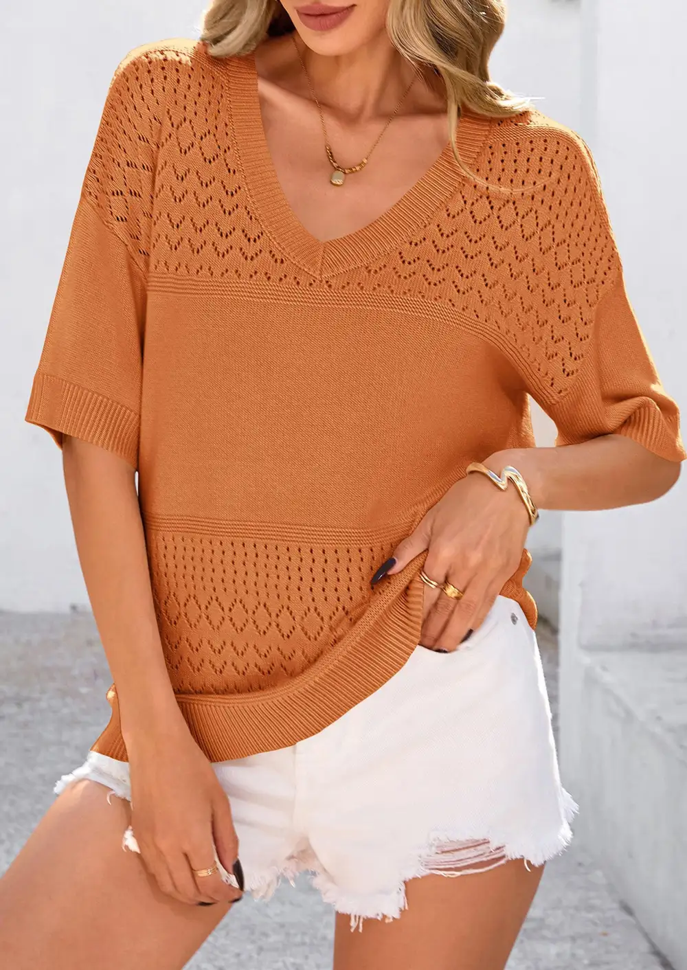Women's ShortSleeve Sweater Tops SpringSummer Casual V Neck Ribbed KnitTrendy Eyelet Blouse T Shirts