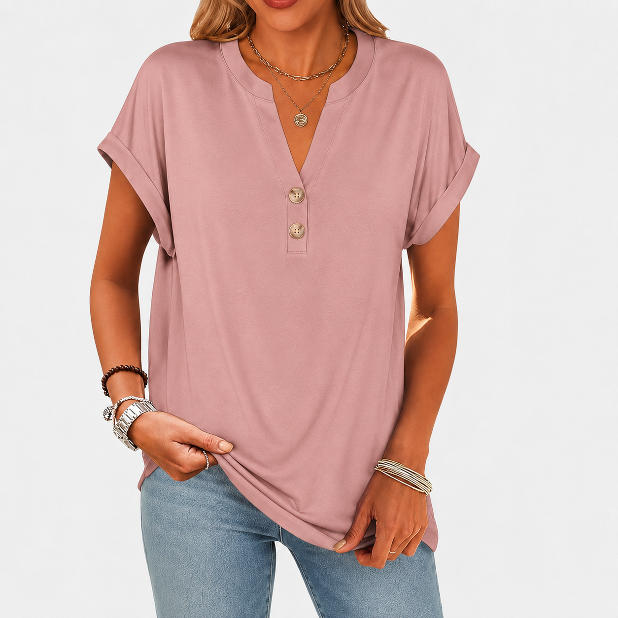 Henley neckline and rolled cuff detail image