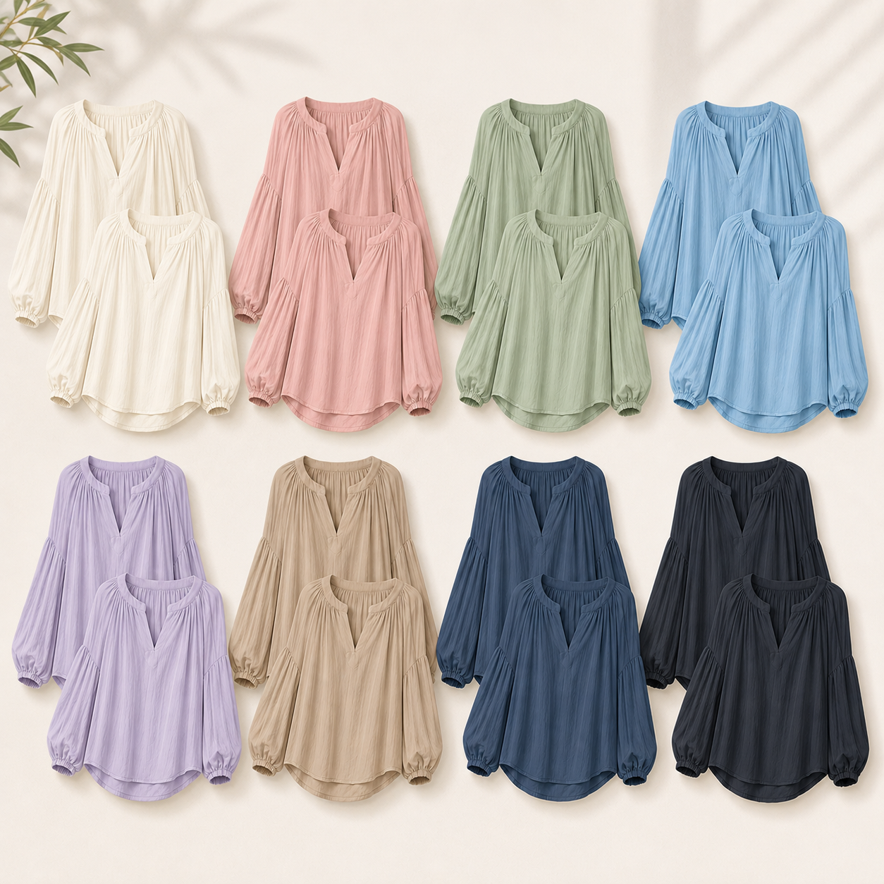 Women’s Relaxed Crinkle Split V-Neck Balloon Sleeve Blouse Pack