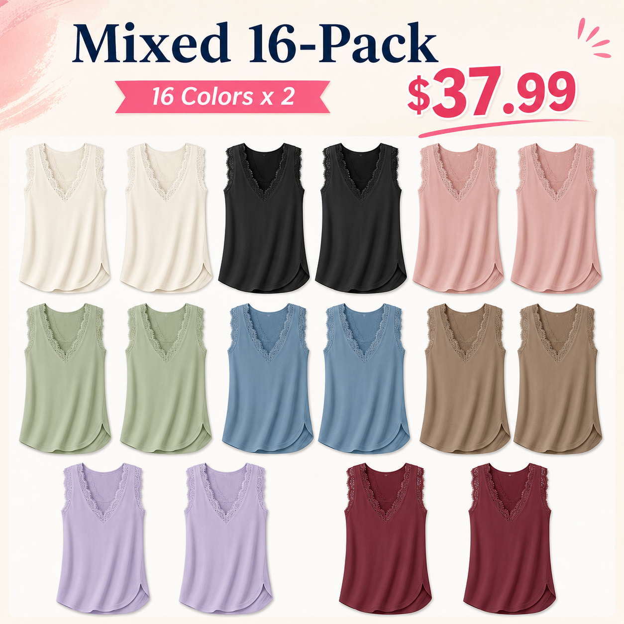Mixed 16-Pack lace-trim sleeveless V-neck top bundle