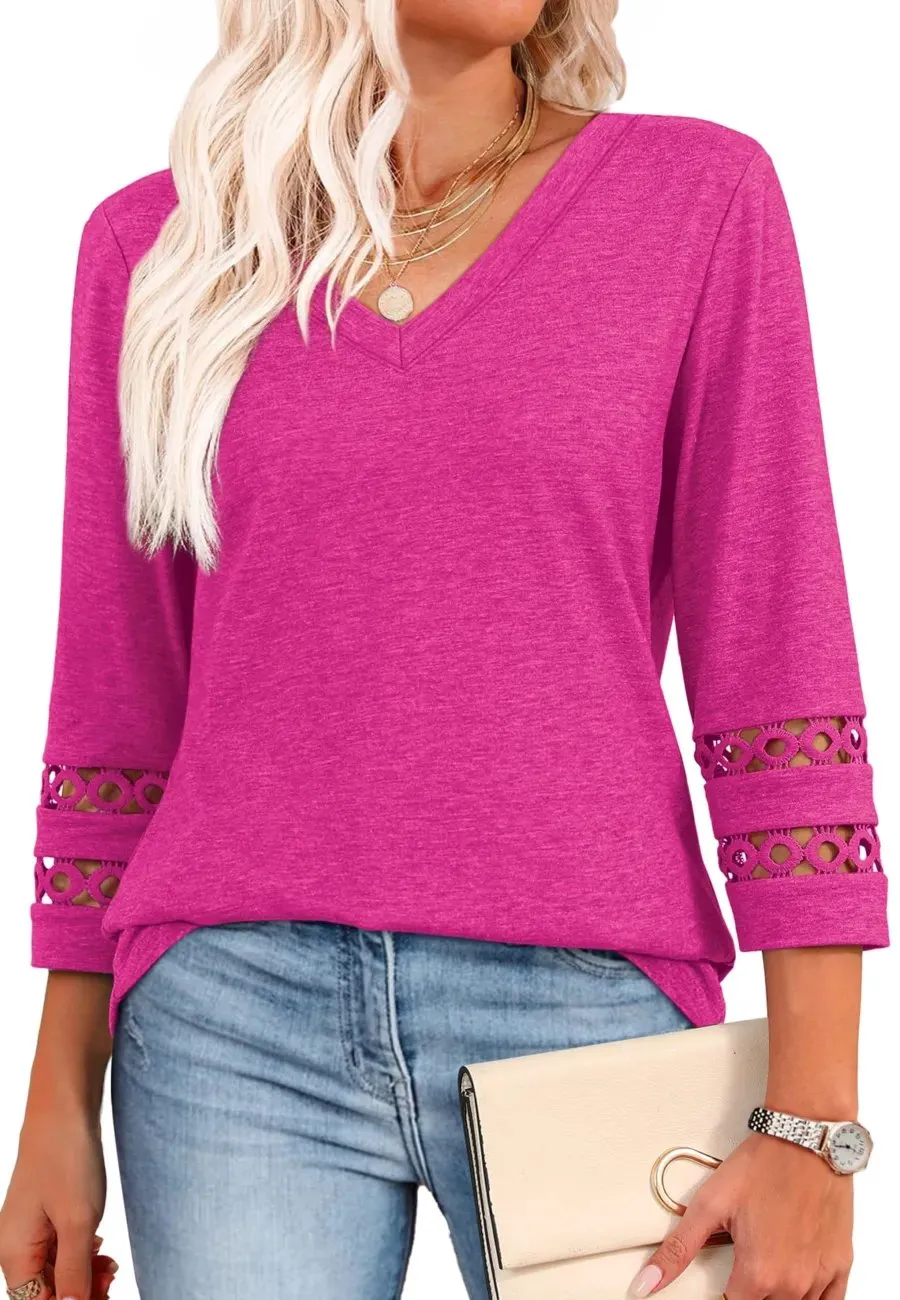 2026 Women's Trendy V-Neck T-Shirt with 3/4 Sleeves - Stylish & Comfortable Top
