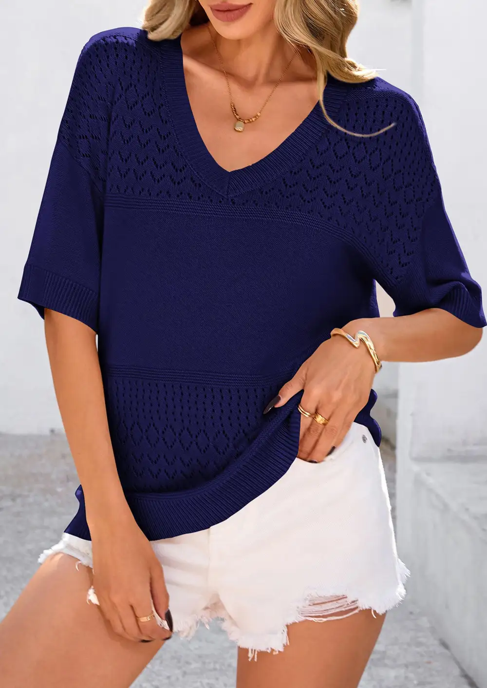 Women's ShortSleeve Sweater Tops SpringSummer Casual V Neck Ribbed KnitTrendy Eyelet Blouse T Shirts