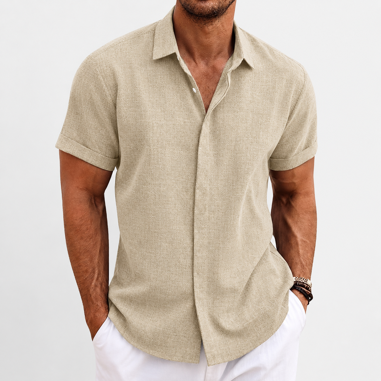 Sand Linen short-sleeve button-up shirt model image
