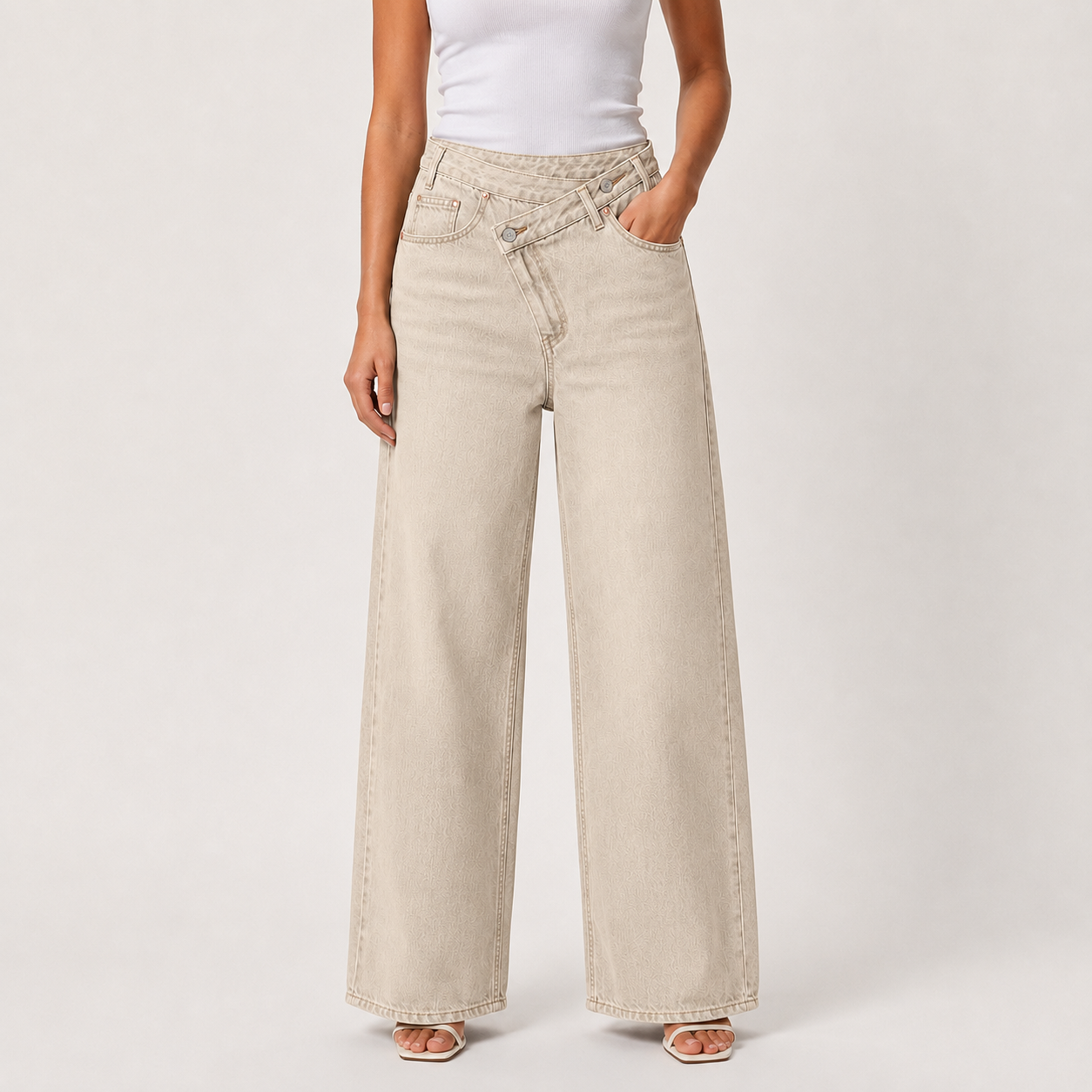 Ecru beige asymmetric wide leg denim jeans