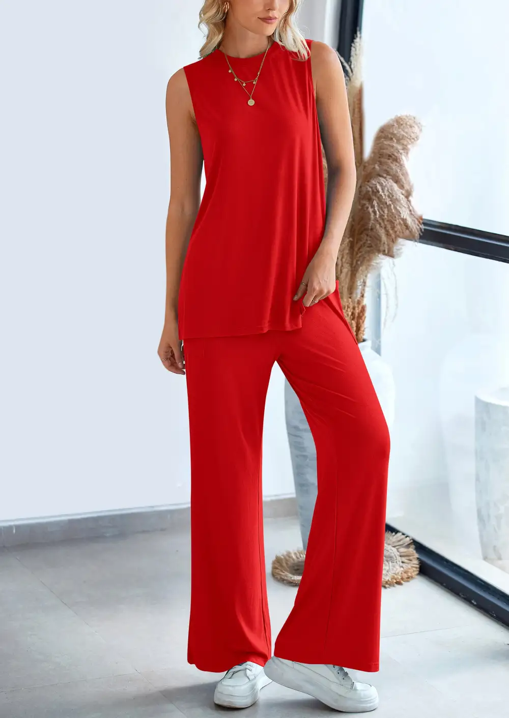 2 Piece Set LooseTank Top Wide Leg Pants CasualMatching Outfits Tracksuit
