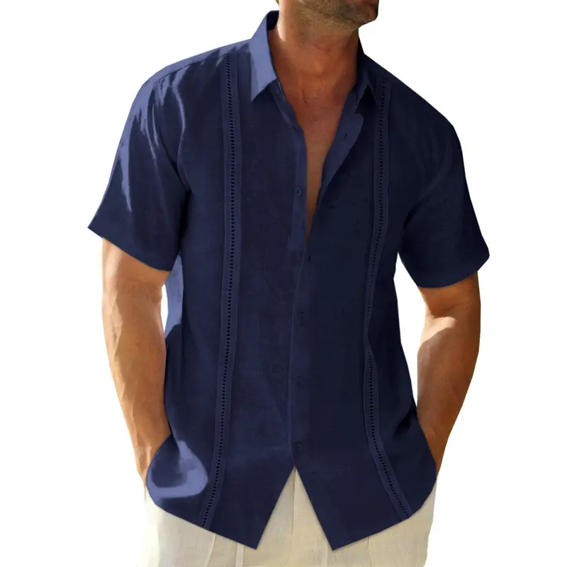 Mens Linen Cuban Guayabera Shirts Button Down Short Sleeve Shirt Cotton Hippie Summer Beach Vacation Shirts Casual Shortsleeve