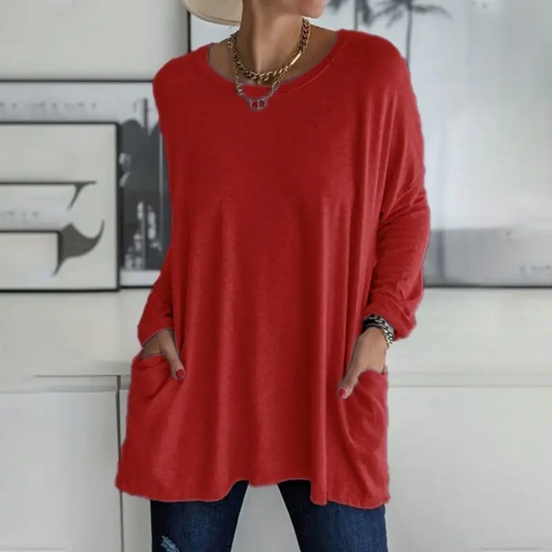 2026 Spring Summer New Round Neck Long Sleeve Pocket Solid T-Shirt