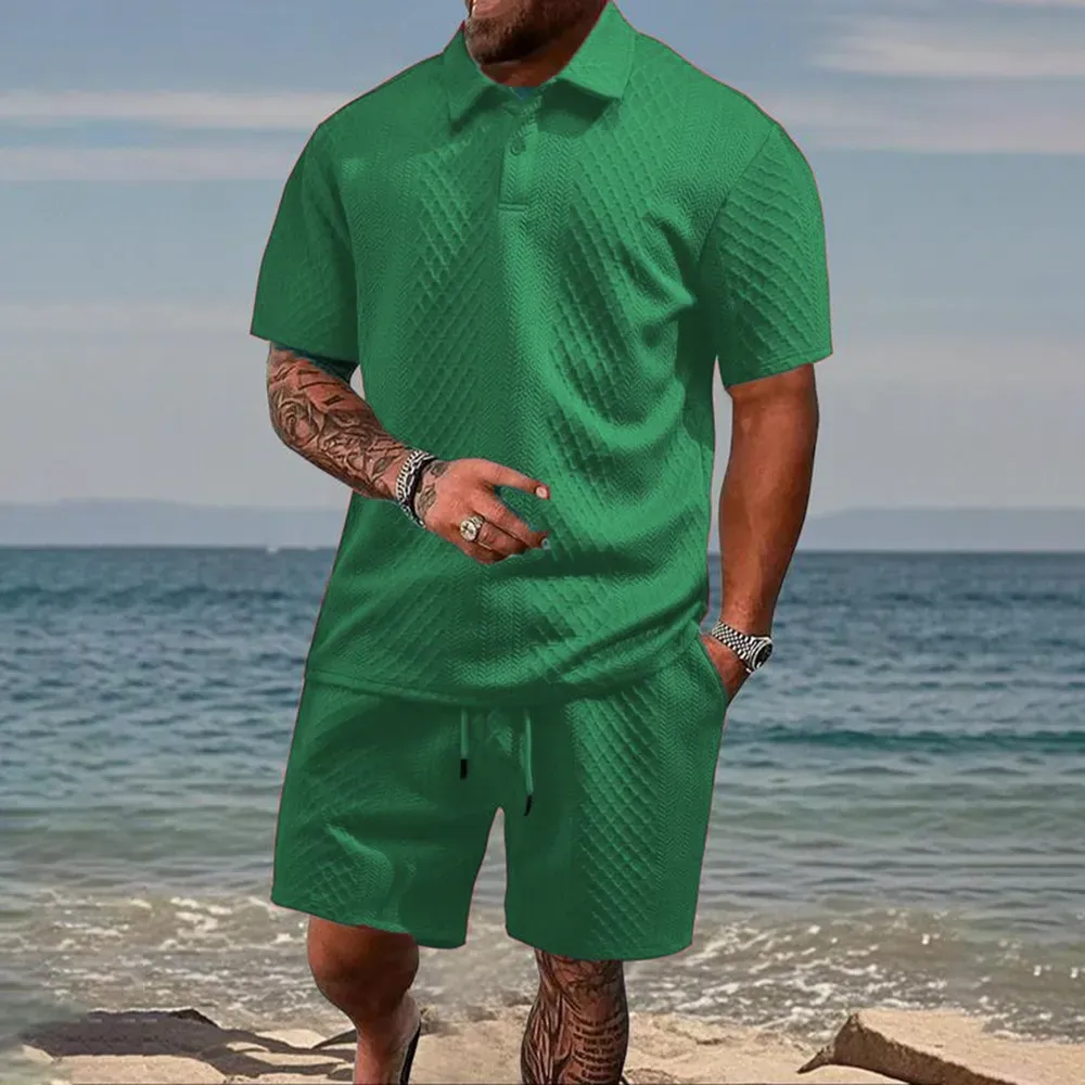 ⚡FINAL SALE⚡Men's Solid Polo Shirt & Drawstring Waist Shorts Set