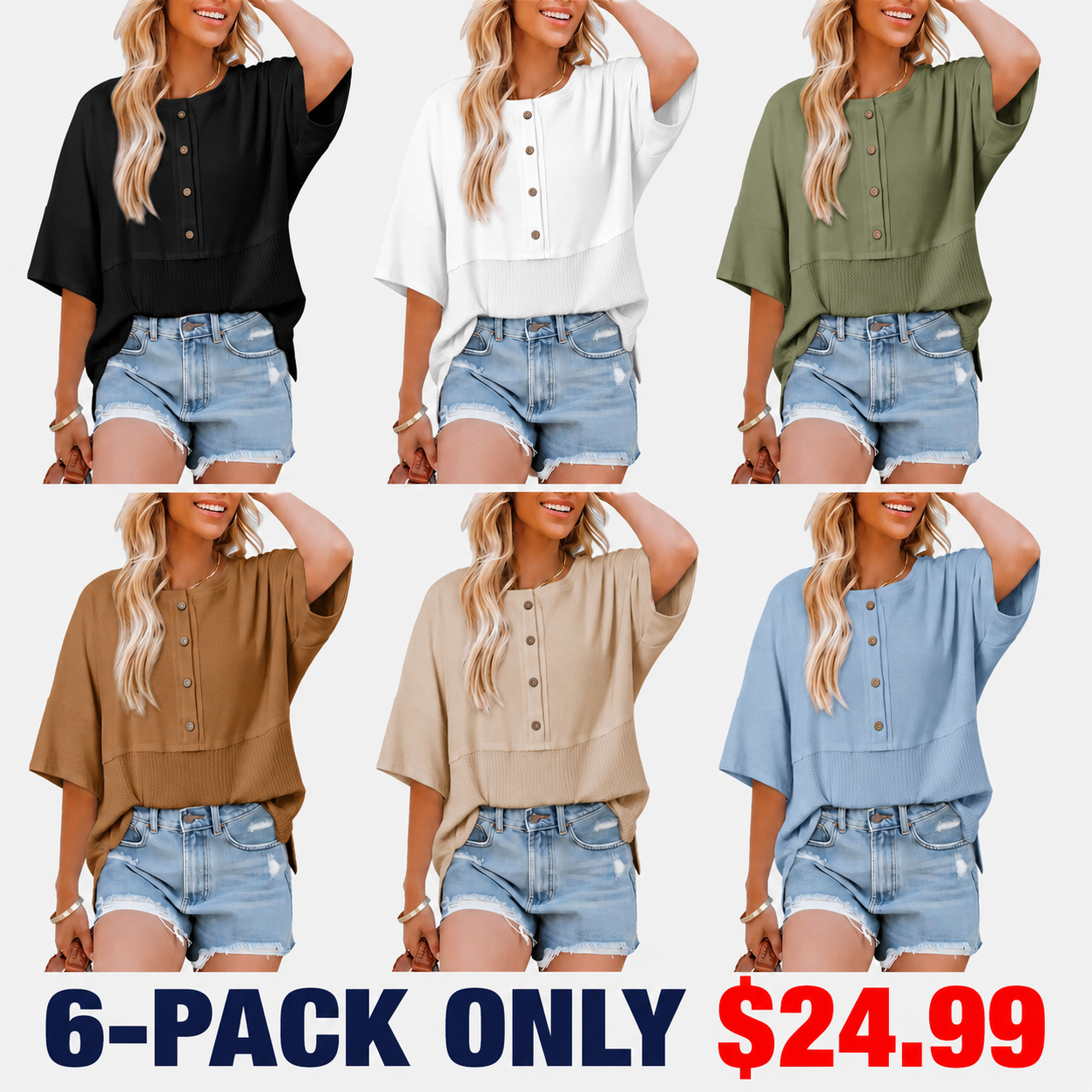 Womens Waffle Knit Tops 3/4 Sleeve Casual Button Down Shirts Crew Neck Oversized Patchwork Blouses