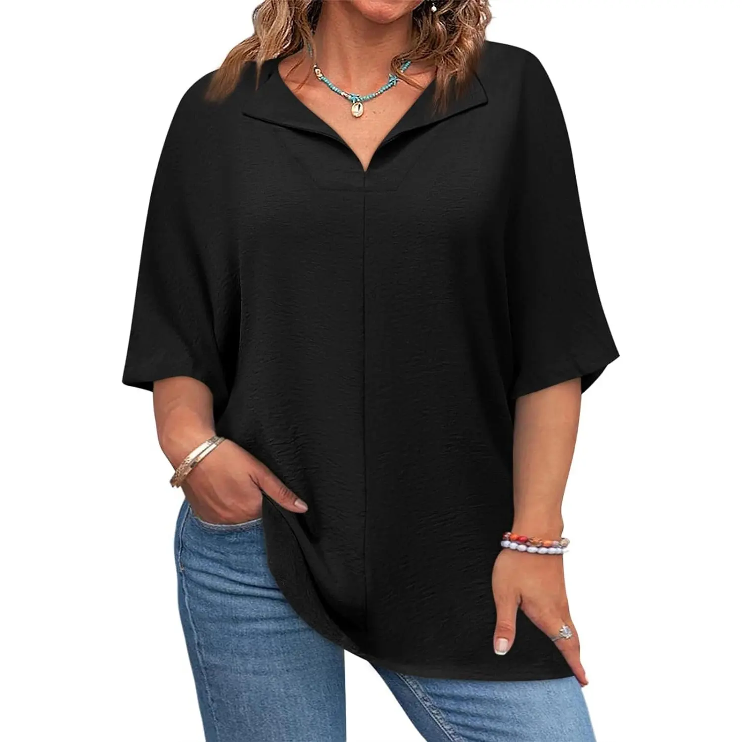 Black women’s casual V-neck loose-fit blouse front
