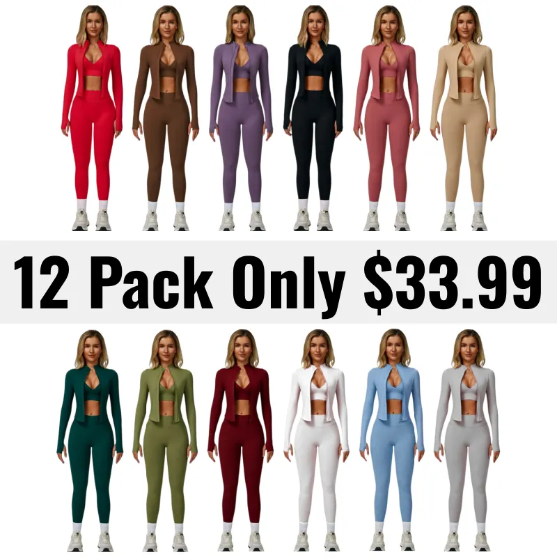⏰Limited-Time Sale💥Women's Solid Criss Cross Crop Tank Top & High Waist Leggings & Zip Up Crop Jacket Tracksuit Set