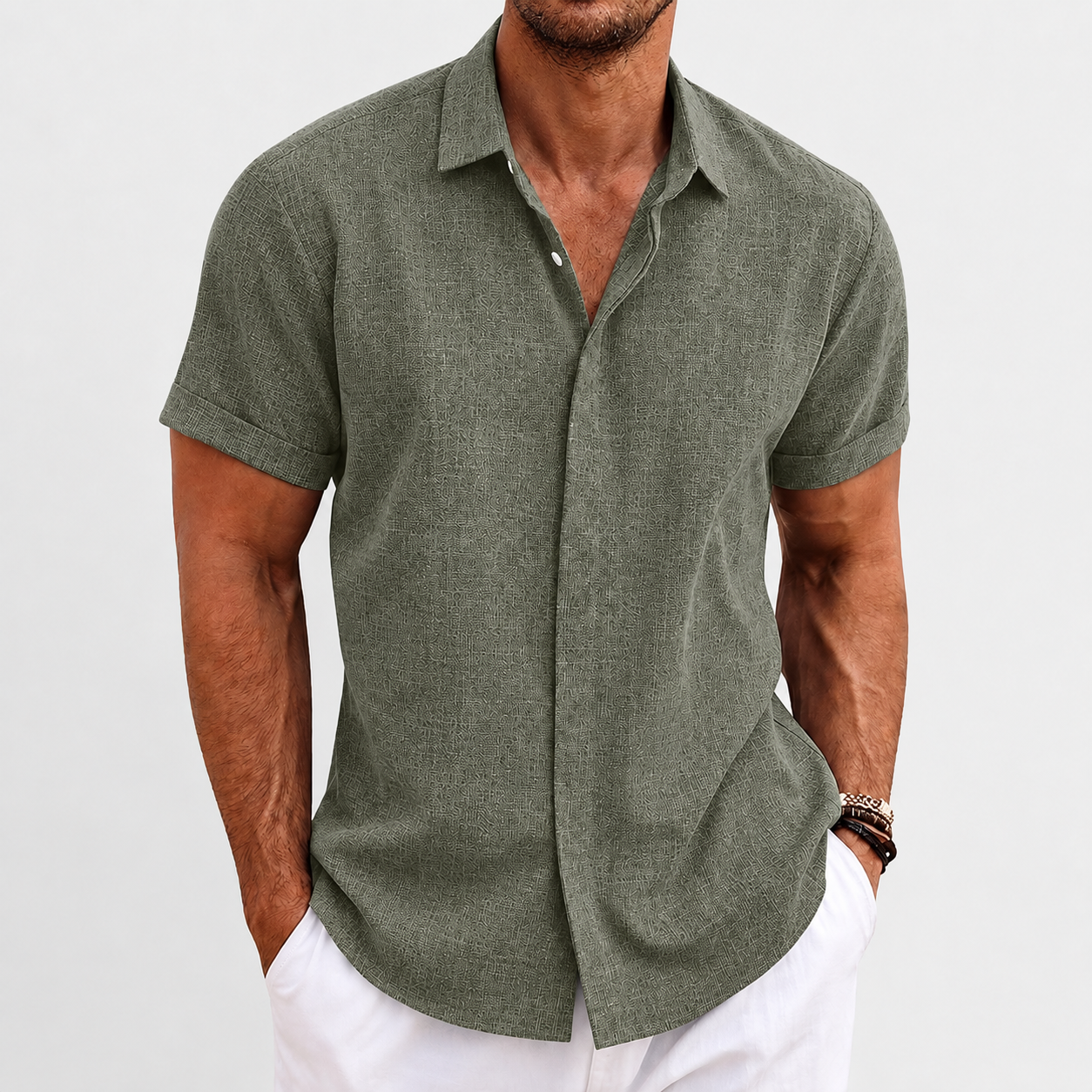 Olive Sage short-sleeve button-up shirt model image
