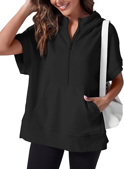 Women's Oversized Half Zip Hoodies Short Sleeve Casual Sweatshirts Pullover Tops with Pockets