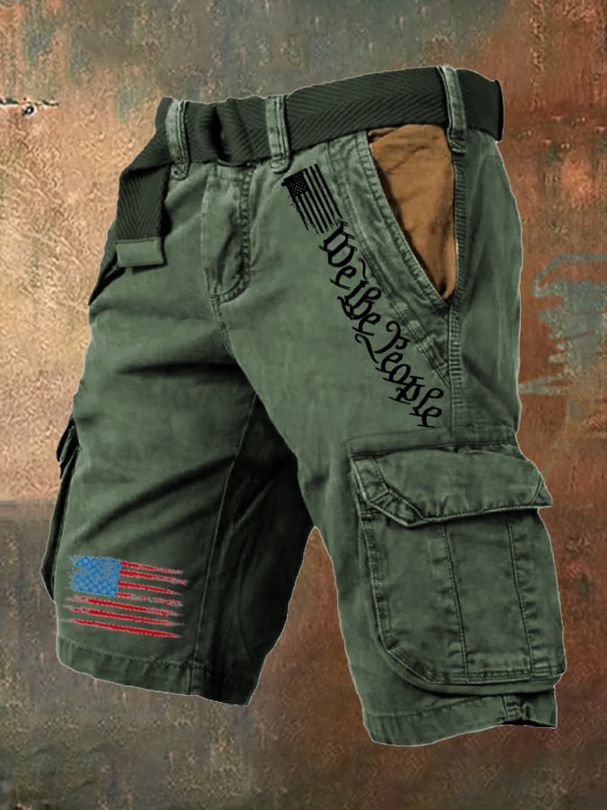 🔥Last Day 80% OFF🔥Men's Vintage Flag Independence Day Multi-Pocket Print Cargo Shorts (Belt Included)