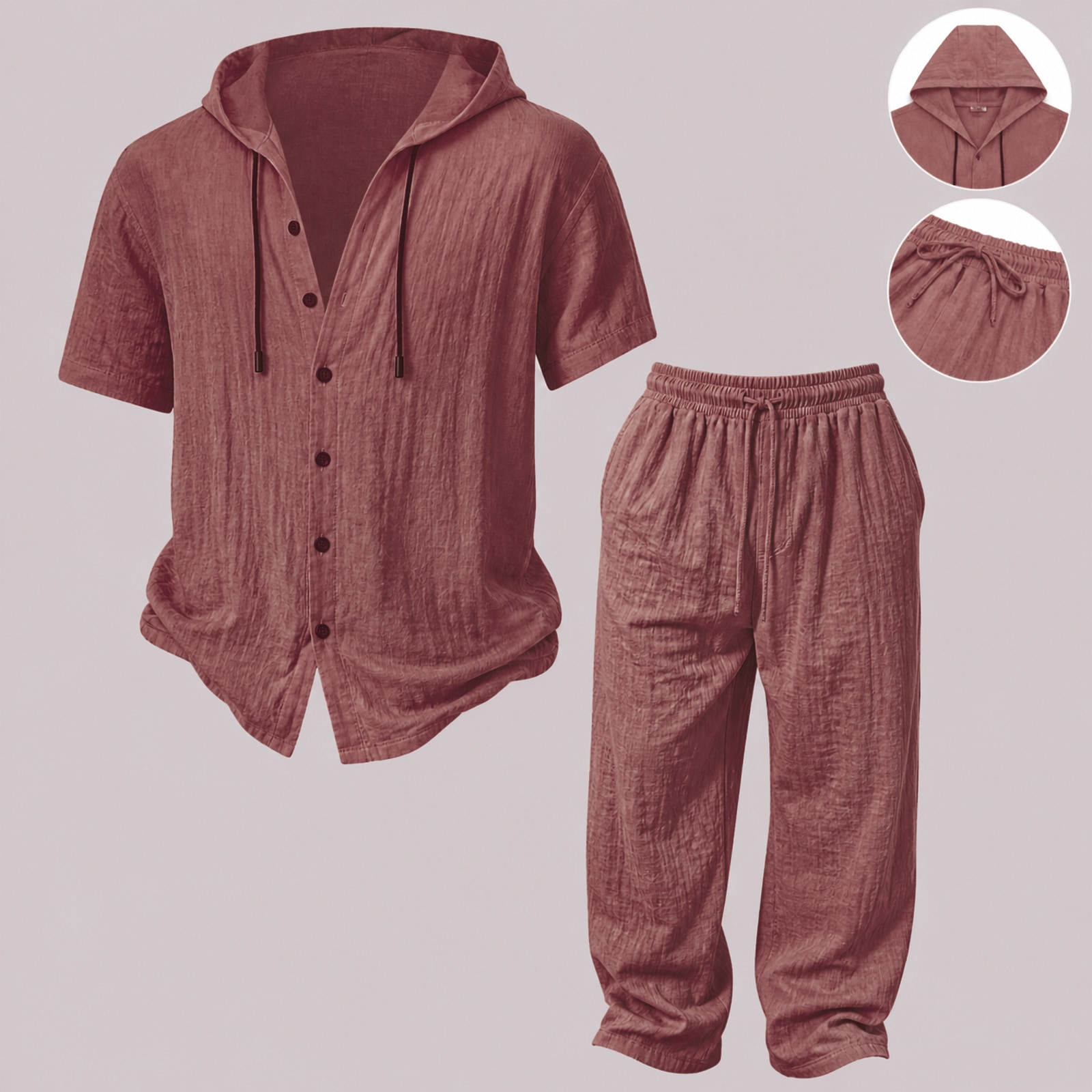Mens Summer Hooded Sweatshirt Wide Leg Pants Set Mens Simple Casual Hooded Short Sleeve Shirt Button Loose Wide Leg Pants Holiday Relaxed Short Sleeve Two-piece Set Burgundy 1 Set