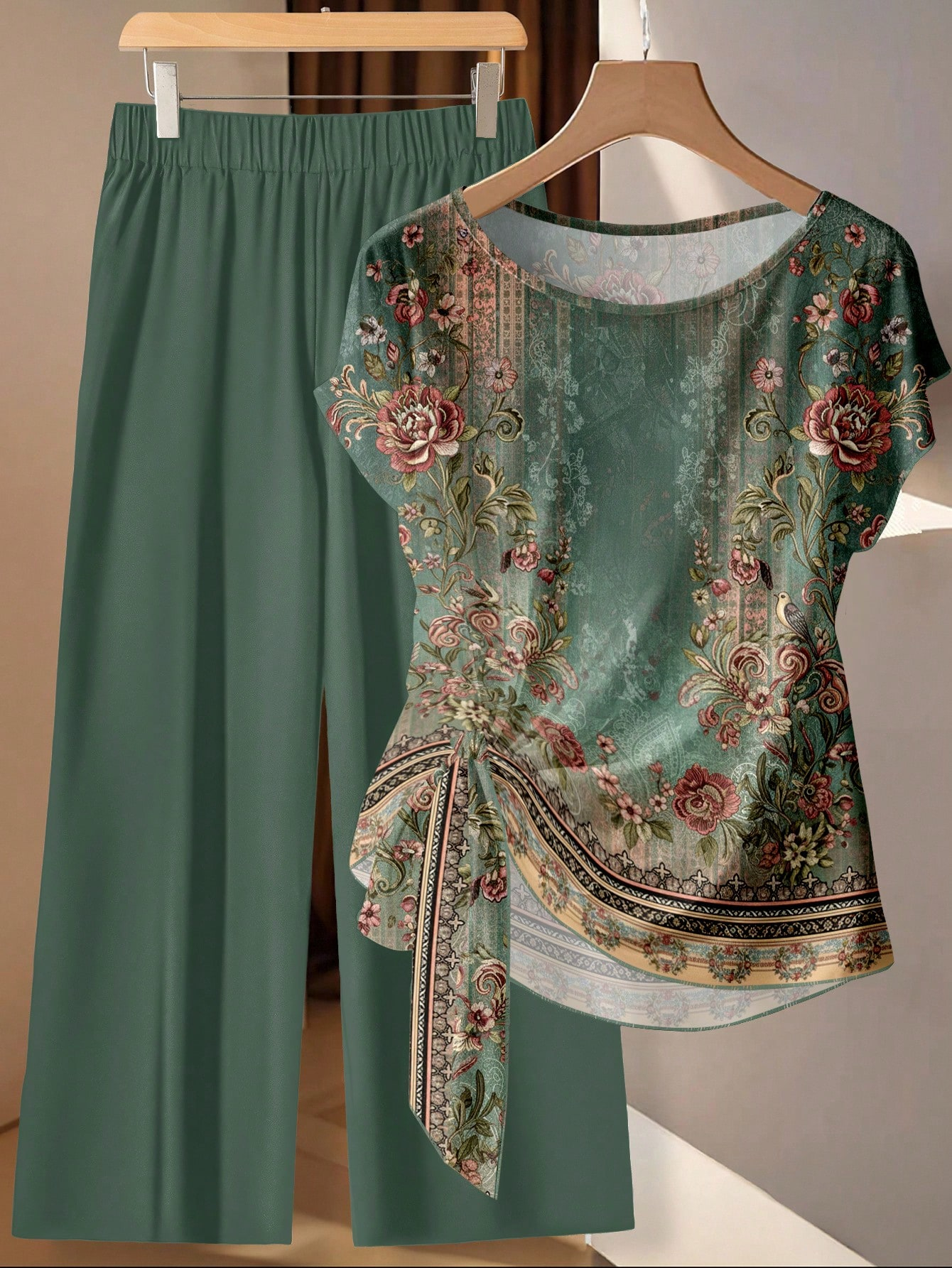 Women s Casual Printed Necktie Shirt & Loose Straight Pant Set