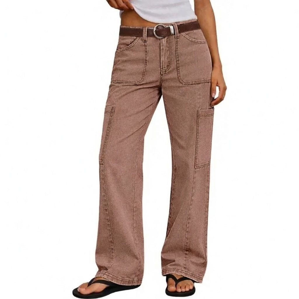 Stitch Detail Mid Waist Straight Leg Cargo Pants Without Belt