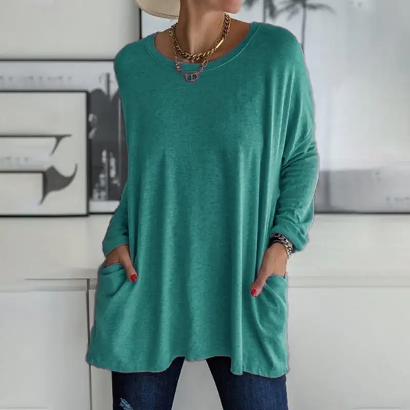 2026 Spring Summer New Round Neck Long Sleeve Pocket Solid T-Shirt