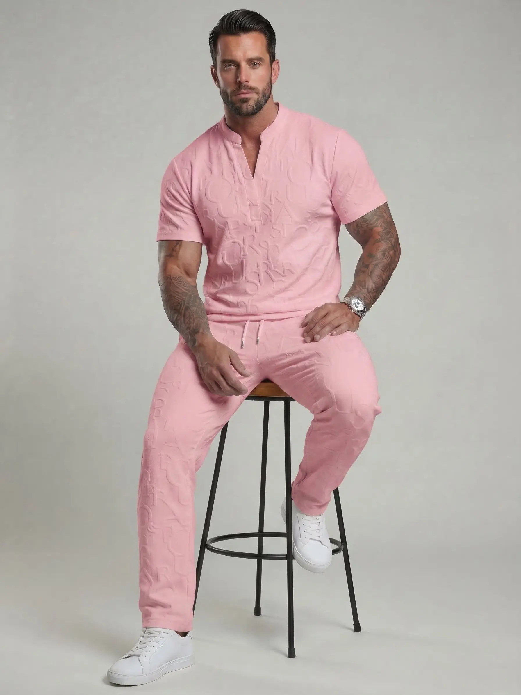 Men’s Textured Letter Embossed 2-Piece Casual Set – Short Sleeve Notch Neck Shirt & Drawstring Pants 5-Pack