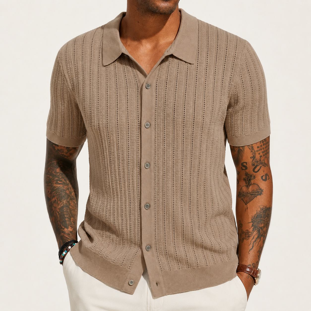 Warm Taupe openwork knit button-up shirt