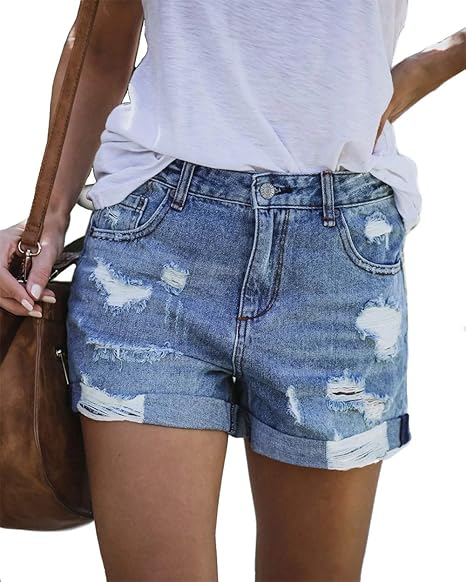 Women's Mid-Rise Stretch Distressed Denim Shorts (Cuffed Hem)