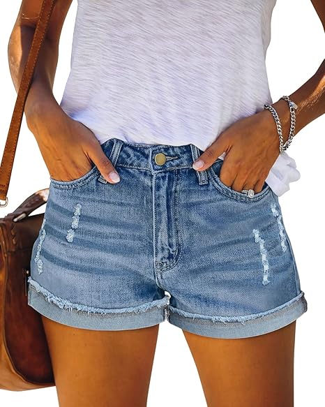 Women's Mid-Rise Stretch Distressed Denim Shorts (Cuffed Hem)