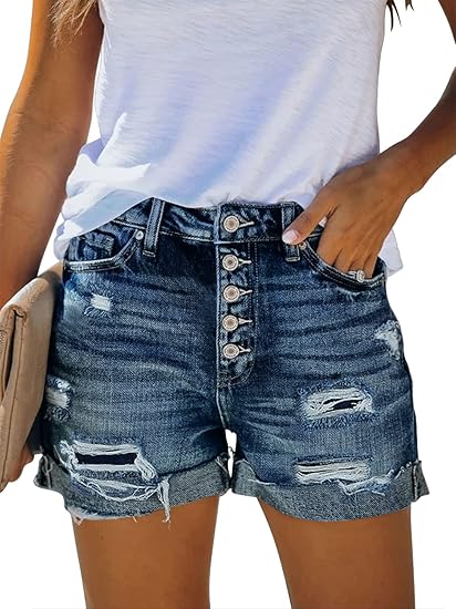 Women's Mid-Rise Stretch Distressed Denim Shorts (Cuffed Hem)