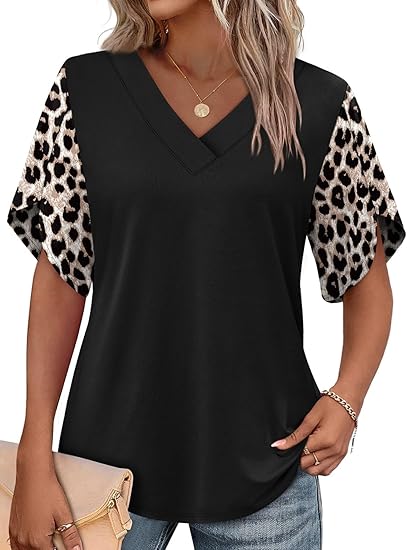 Women's summer short-sleeve T-shirt, petal print, V-neck.