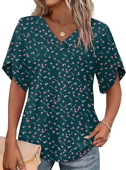 Women's summer short-sleeve T-shirt, petal print, V-neck.