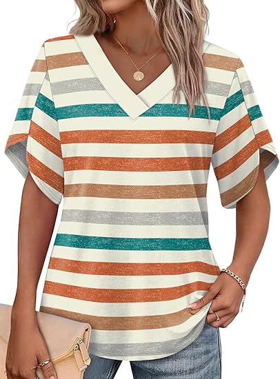 Women's summer short-sleeve T-shirt, petal print, V-neck.