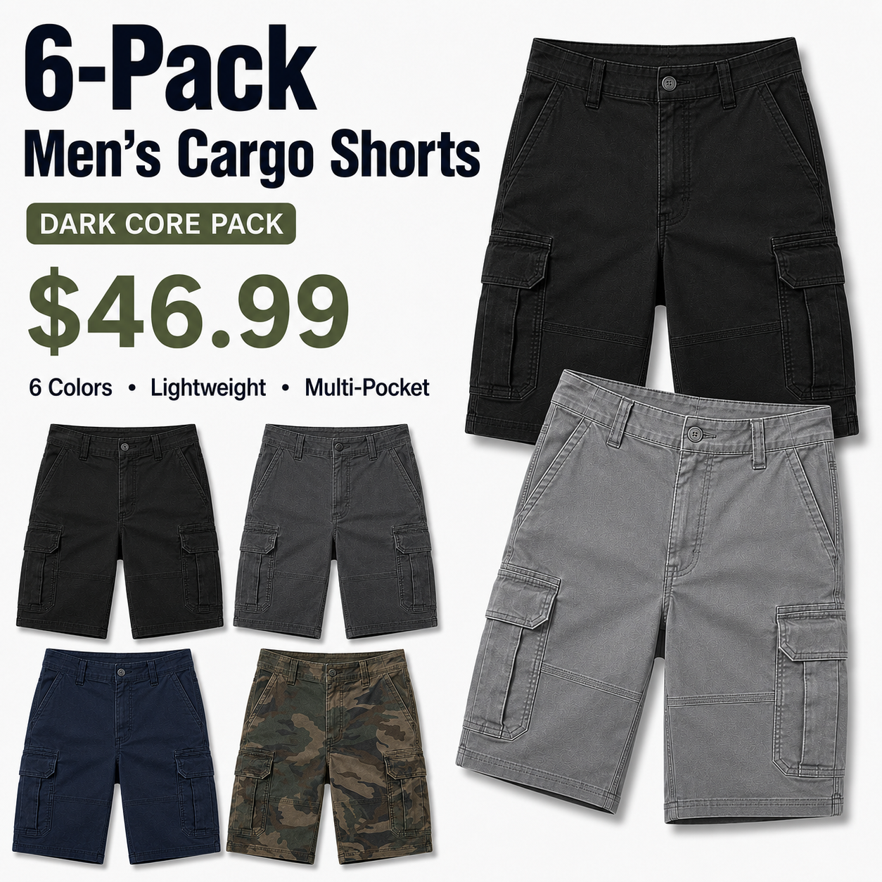 6-Pack Men's Lightweight Cargo Shorts