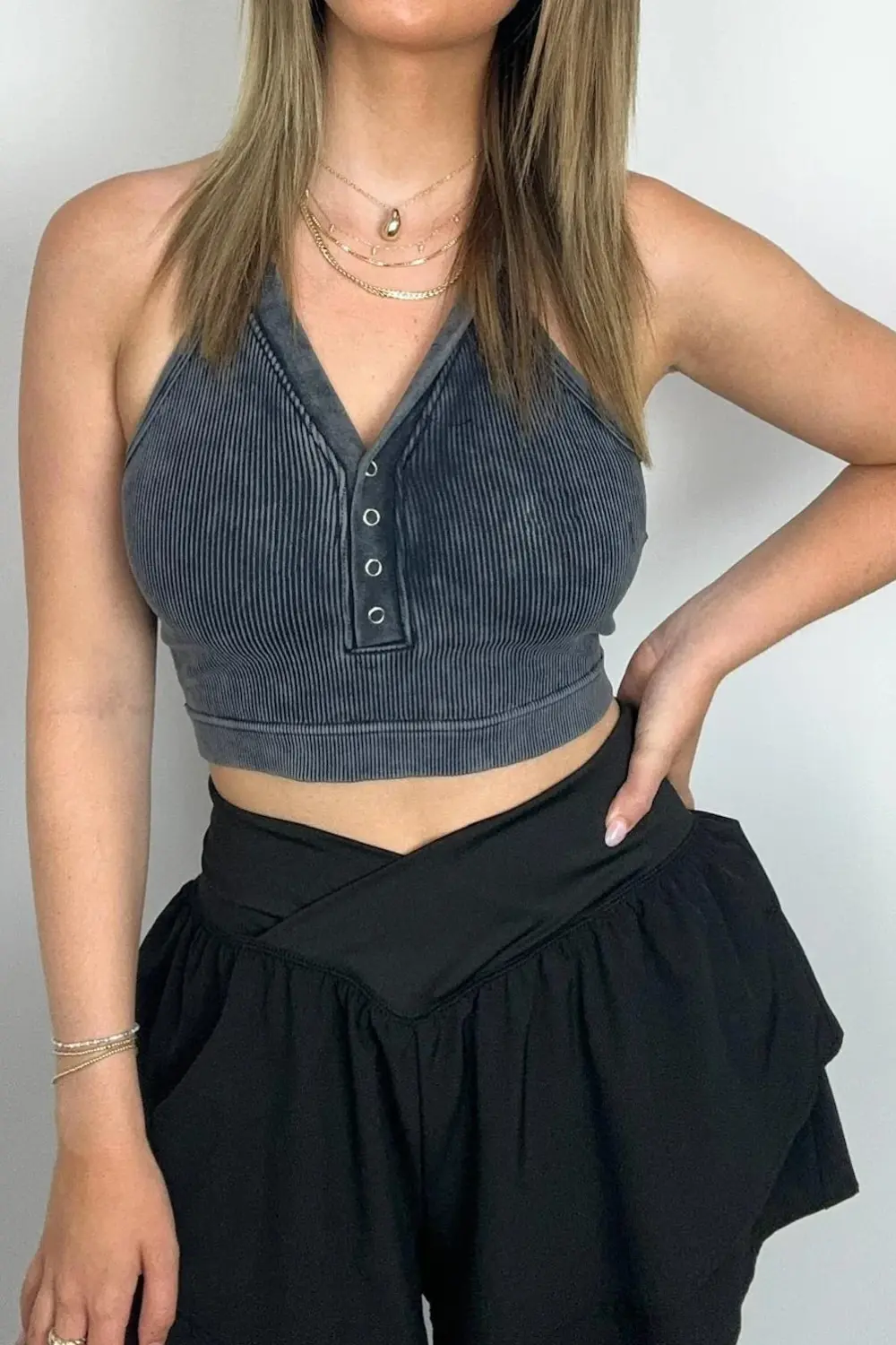 Washed Ribbed ButtonCropped Tank Top