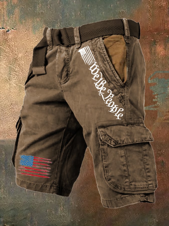 🔥Last Day 80% OFF🔥Men's Vintage Flag Independence Day Multi-Pocket Print Cargo Shorts (Belt Included)