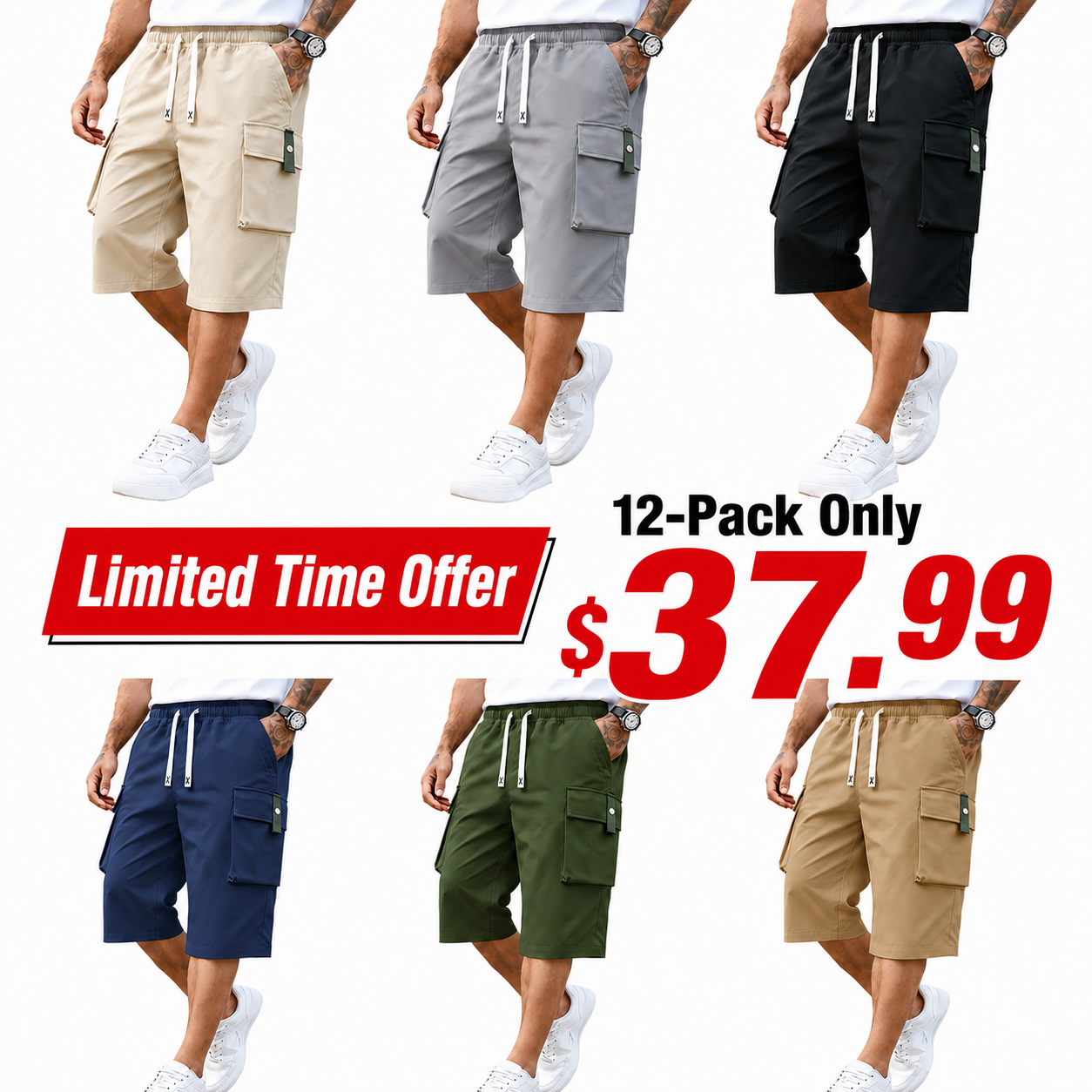 Men’s Plus Size Cargo Shorts, 3-Pack — elastic waistband design, multiple pockets, letter embroidery decoration, regular fit with a mid-rise waist, non-stretch fabric suitable for everyday wear and casual activities, non-see-through fabric