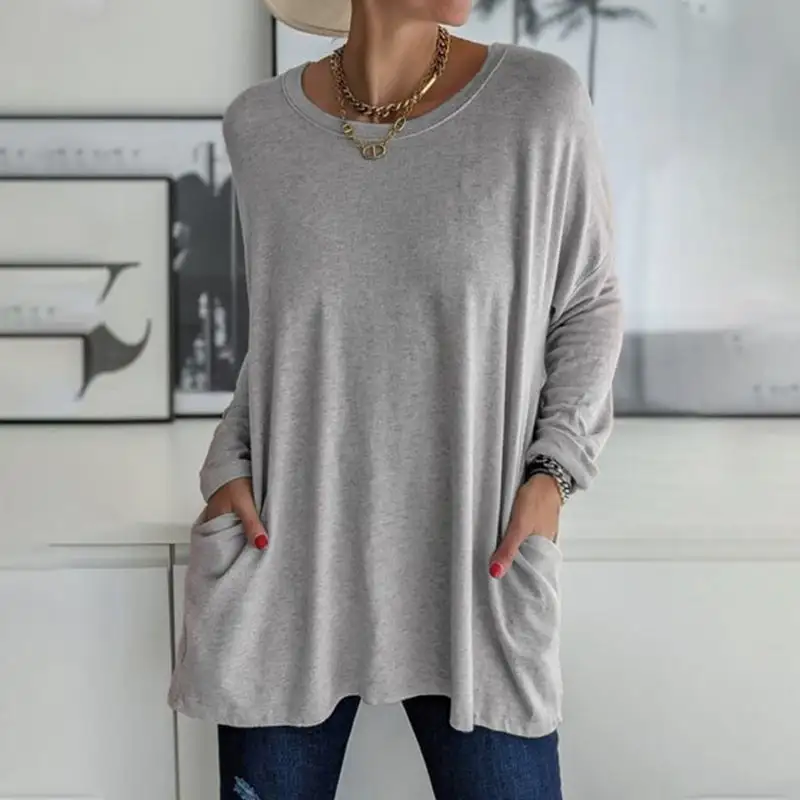 2026 Spring Summer New Round Neck Long Sleeve Pocket Solid T-Shirt